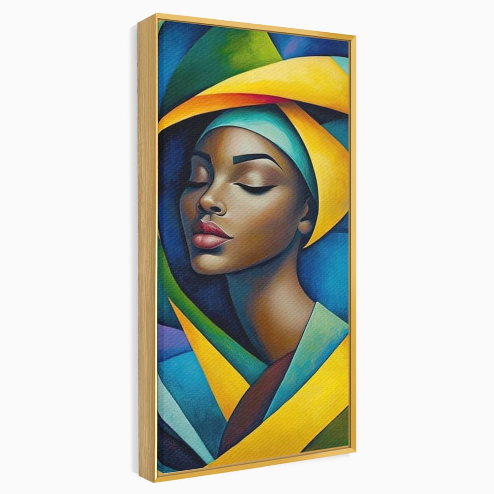 Tablou canvas cu tablou canvas cu portret feminin geometric, in rama de aluminiu auriu